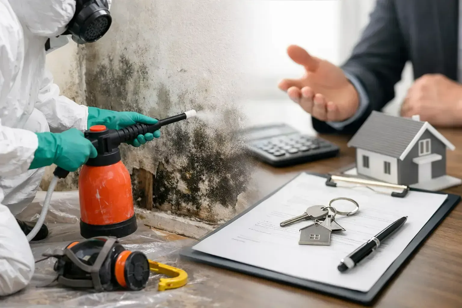 Technician spraying wall for pest control beside clipboard, keys, calculator, and house model on desk