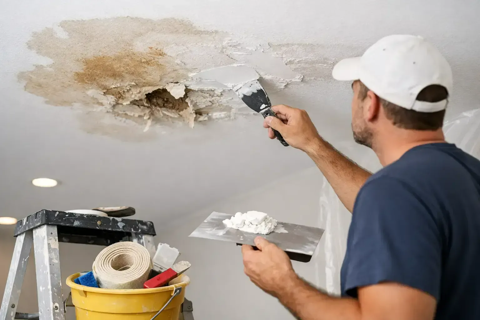 Worker patching a damaged ceiling with a trowel and plaster in a room with a ladder and tools