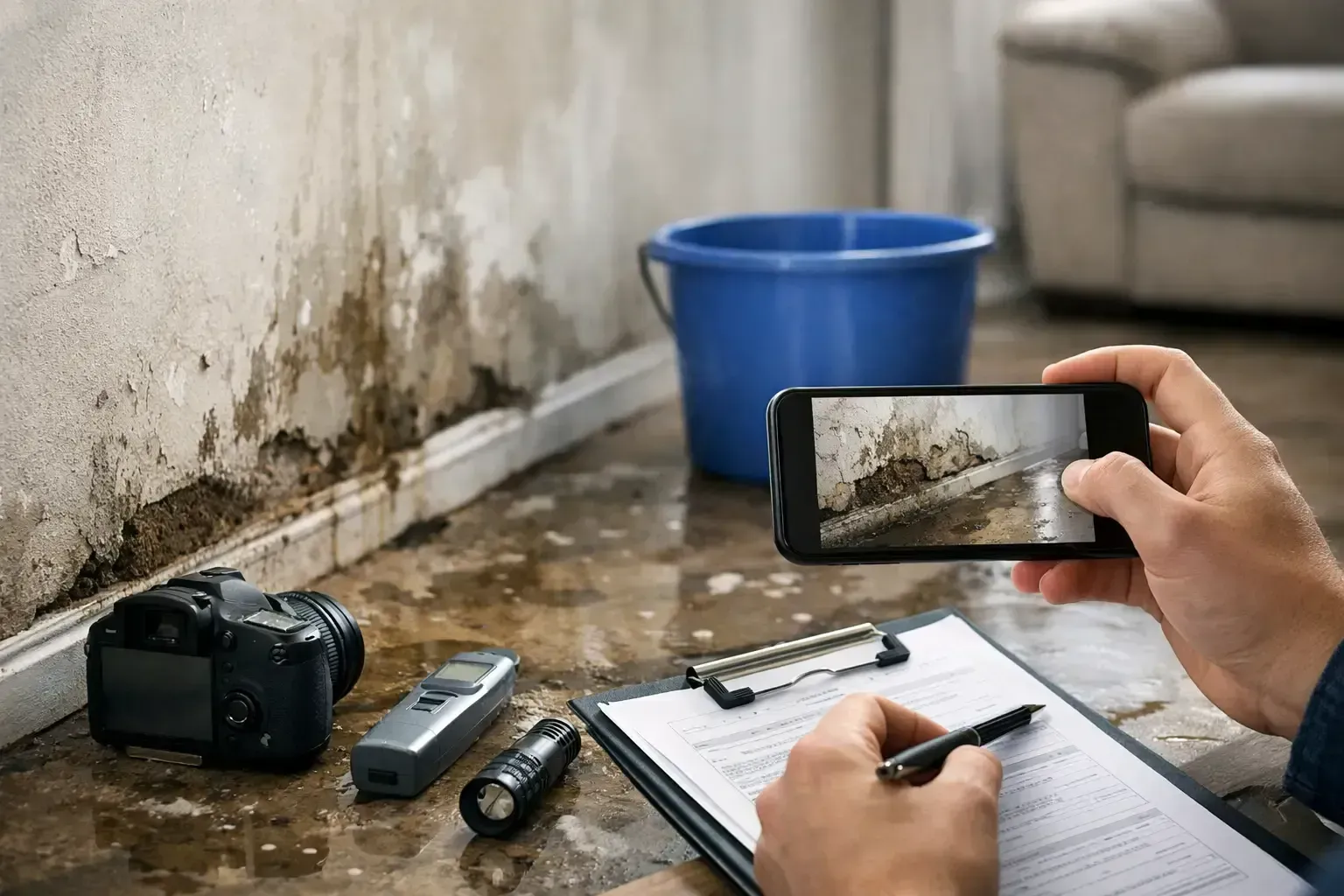 Damaged wall with mold and water stains, person documenting it with a phone and clipboard beside a blue bucket.