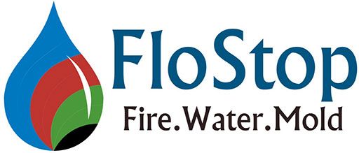 FloStop logo with blue water drop, red and green flames, and tagline &ldquo;Fire. Water. Mold.&rdquo;