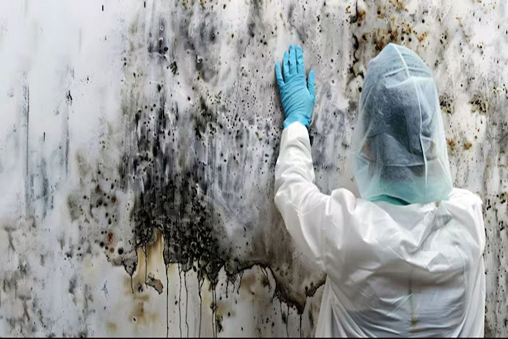 Person in protective suit cleaning black mold from a damp wall with a blue glove