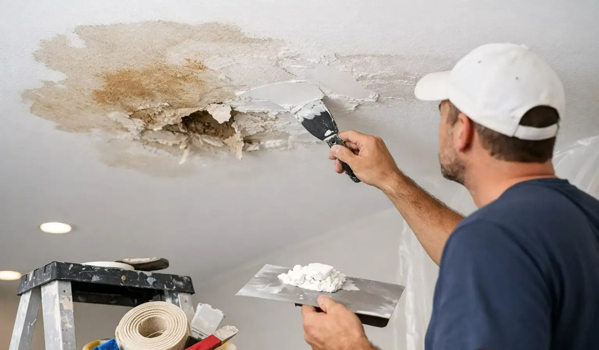 Worker patching a water-damaged ceiling with a putty knife and drywall compound