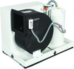Black portable industrial machine with hose and white tank on a metal base