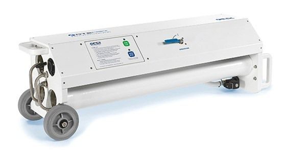 White wheeled medical stretcher or transport cot with side rails and control panel