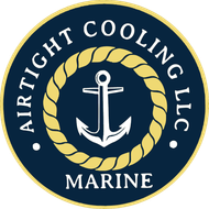 Airtight Cooling LLC Marine logo with anchor inside a gold rope circle on a navy background