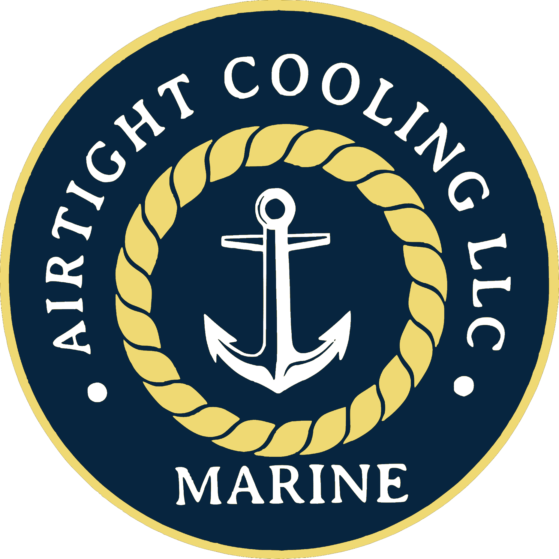 Airtight Cooling LLC Marine logo with anchor inside a gold rope circle on a navy background