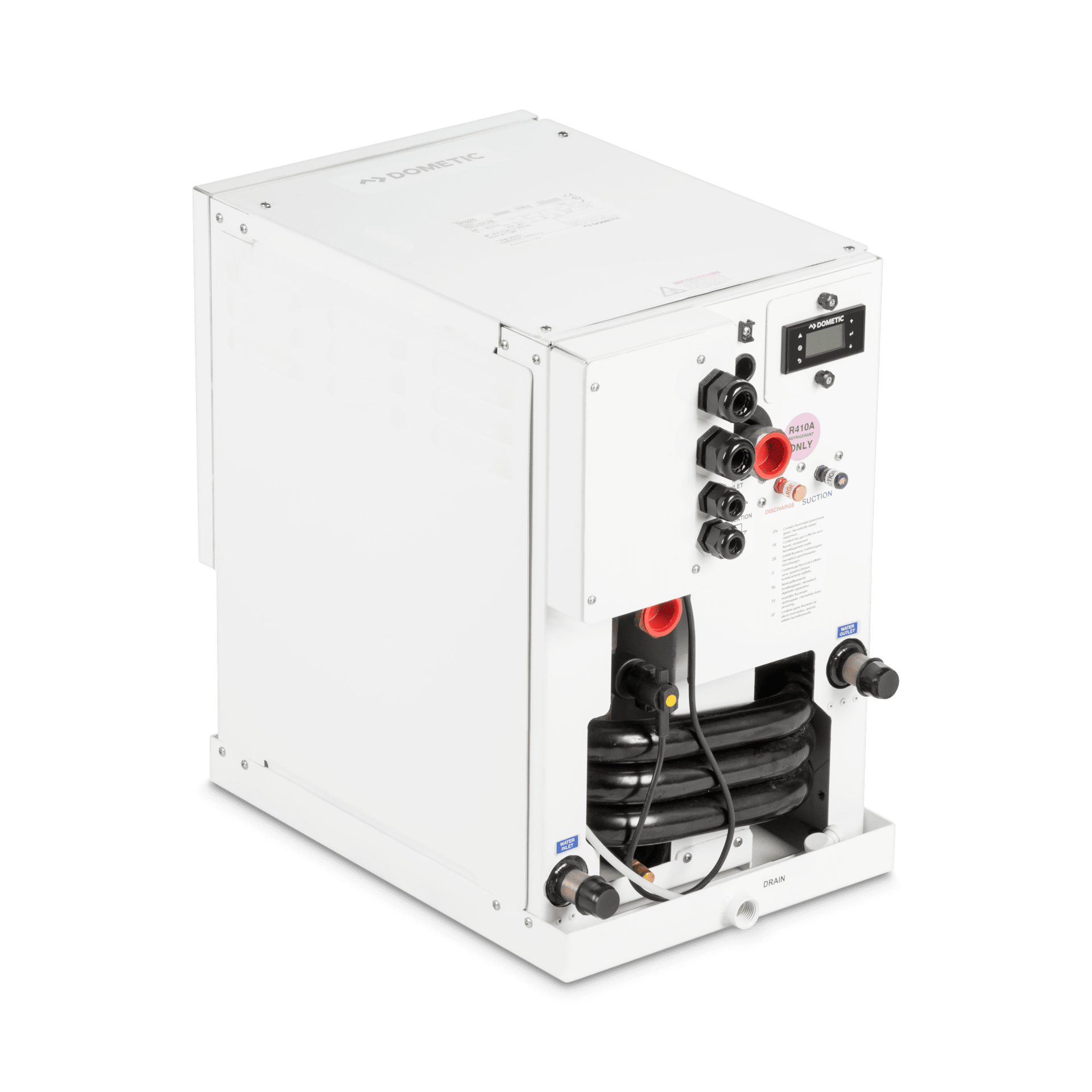 White industrial control unit with visible wiring, ports, and black hoses on a plain background