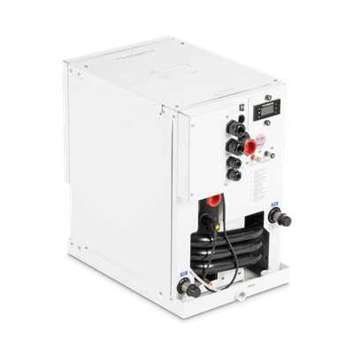 White industrial control unit with visible wiring, ports, and black hoses on a plain background