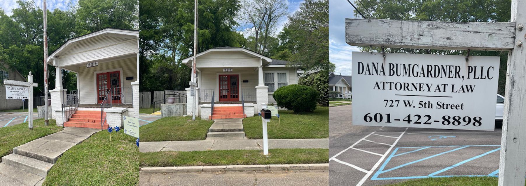 A white office building with a front porch and a sign for Dana Bumgardner, P.L.L.C., Attorney at Law 
