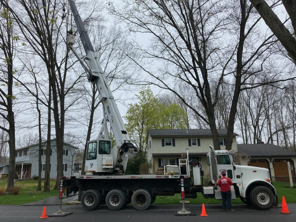 A large crane on a truck lifting something near a house and trees; a worker stands by.