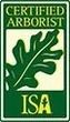 Certified Arborist badge with green oak leaf and ISA logo.
