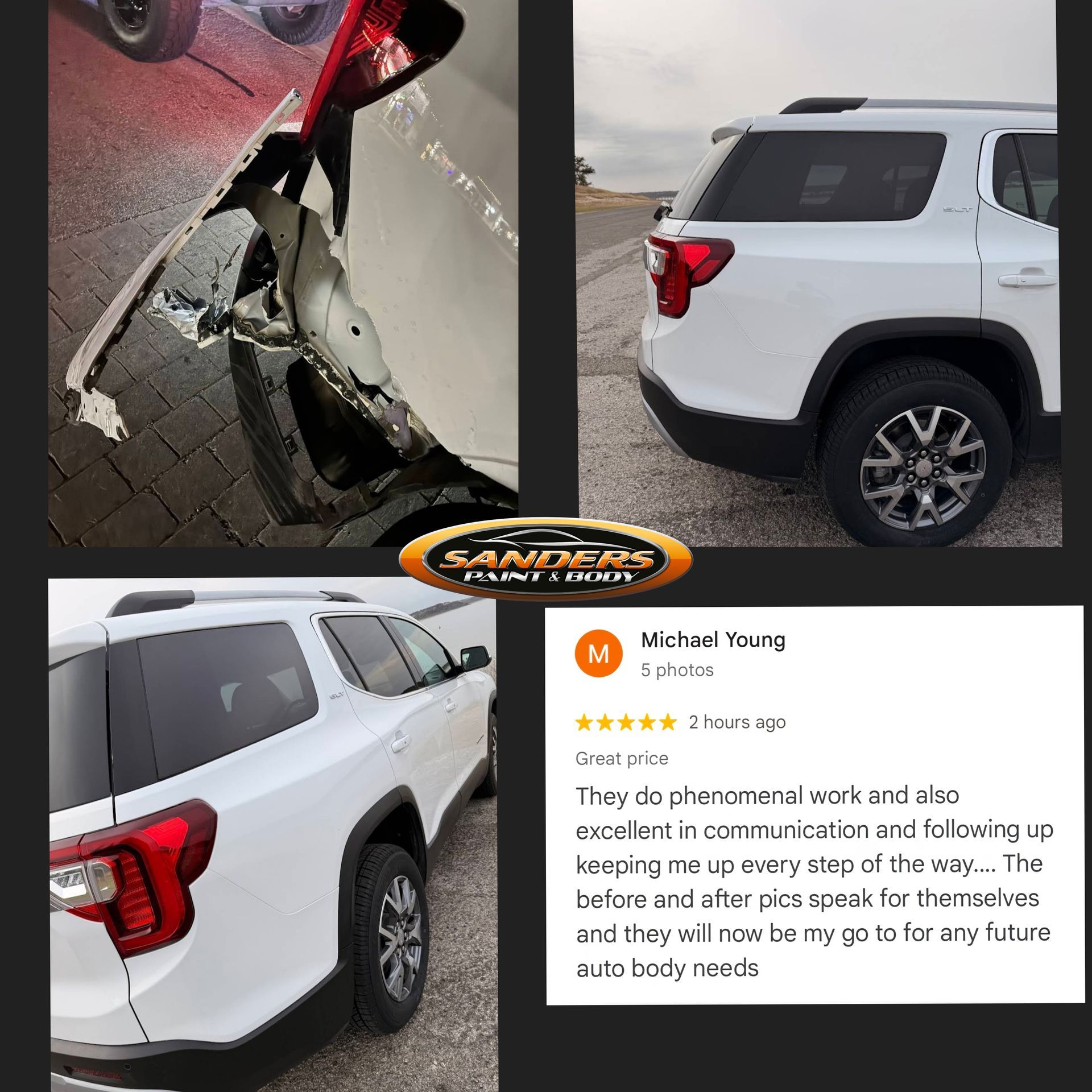White SUV with rear bumper damage, plus a review praising quick, professional repair work