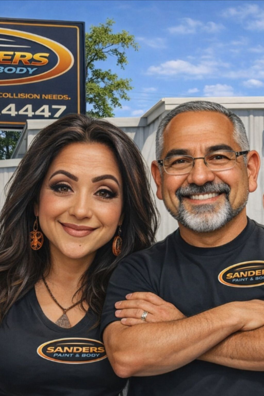 Two smiling auto shop staff in black uniforms standing in front of a Sanders Body sign and building.