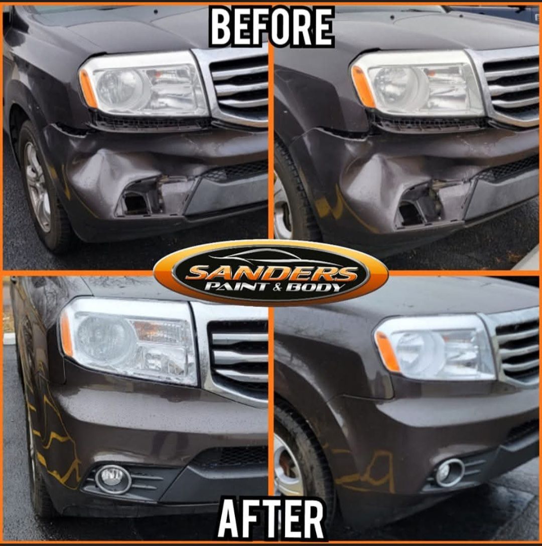 Before-and-after of a damaged gray SUV front end repaired to look clean and intact.