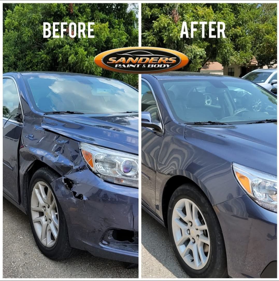 Before-and-after of a blue car with front-end damage repaired in a parking lot.