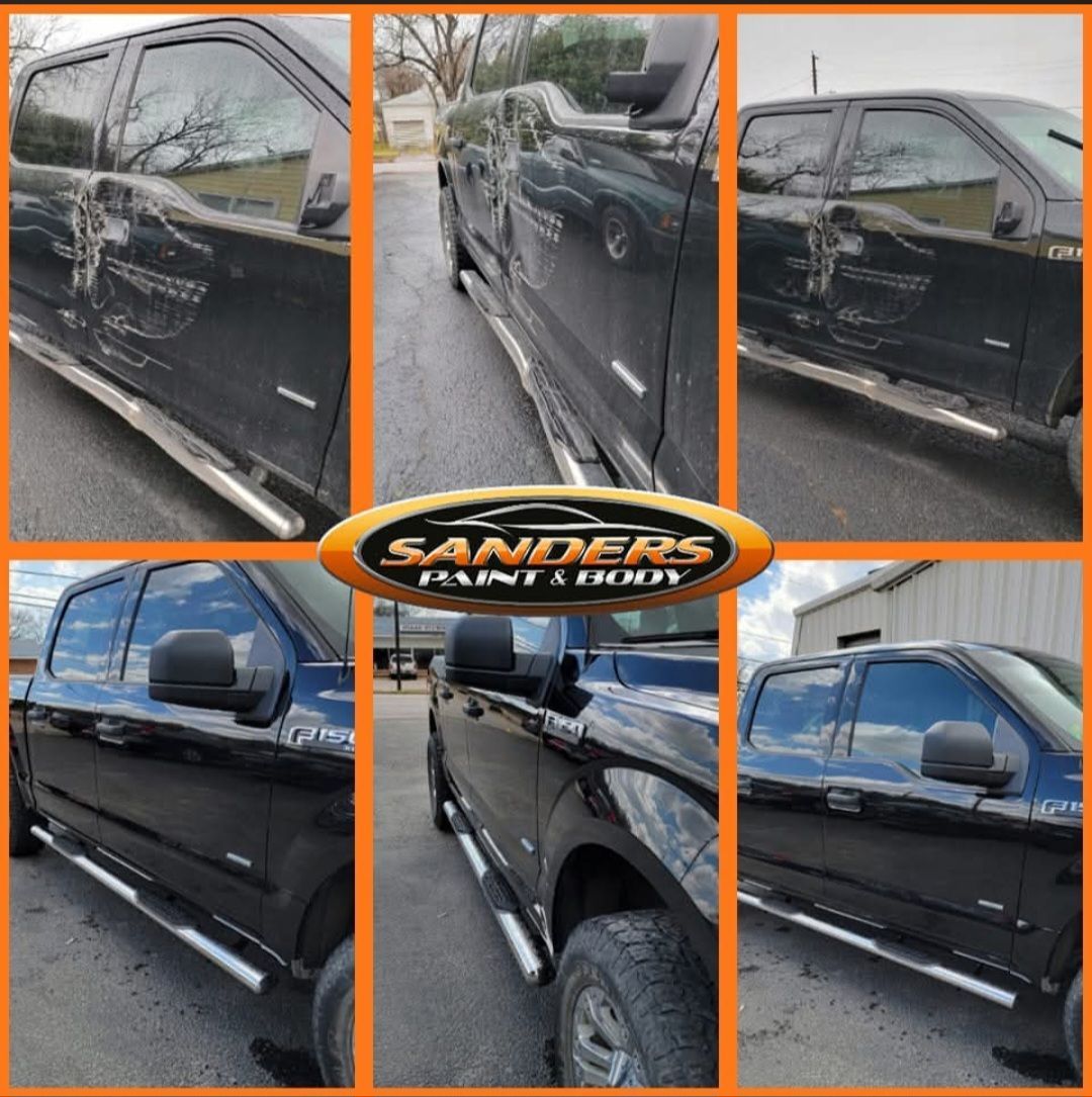 Damaged black pickup truck with dents and scratches, shown in six photos from different angles.