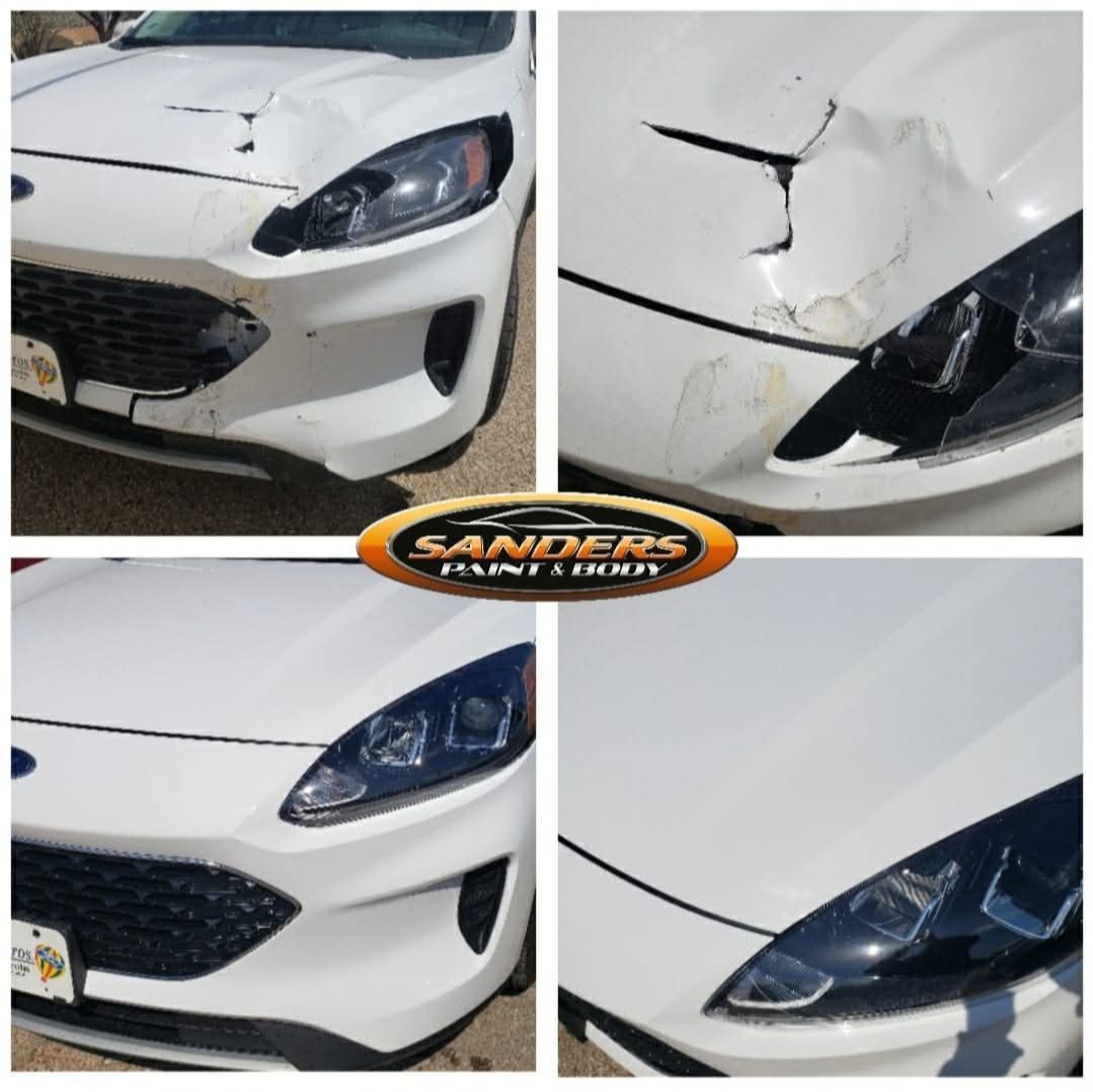 Car collage showing white sedan front-end damage before and after repair, including cracked bumper and headlight.