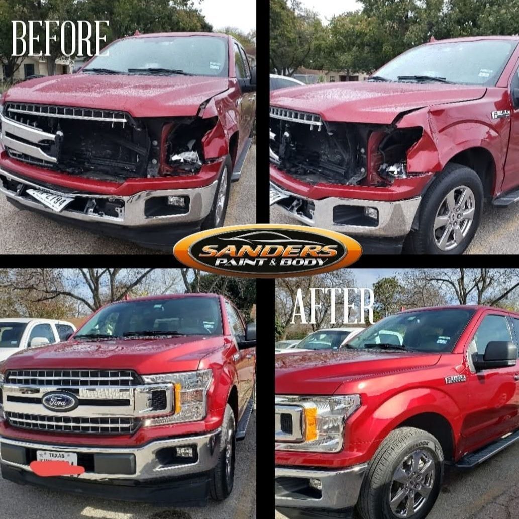 Before-and-after collage of a red Ford truck repaired after front-end collision damage.