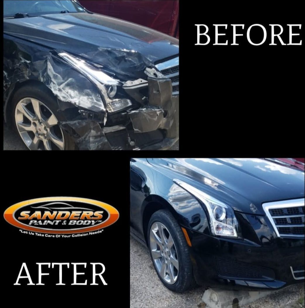 Before-and-after of a black car’s front-end body repair, with “Sanders Paint & Body” logo.