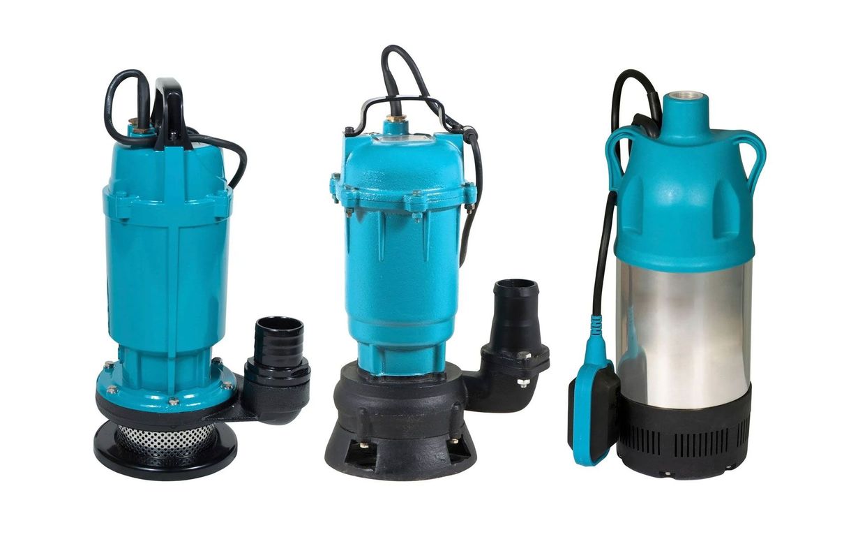 Three teal and black industrial submersible water pumps standing side-by-side on a white background.
