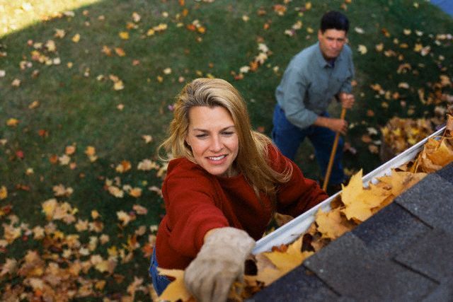 a woman cleaning the gutter of a house