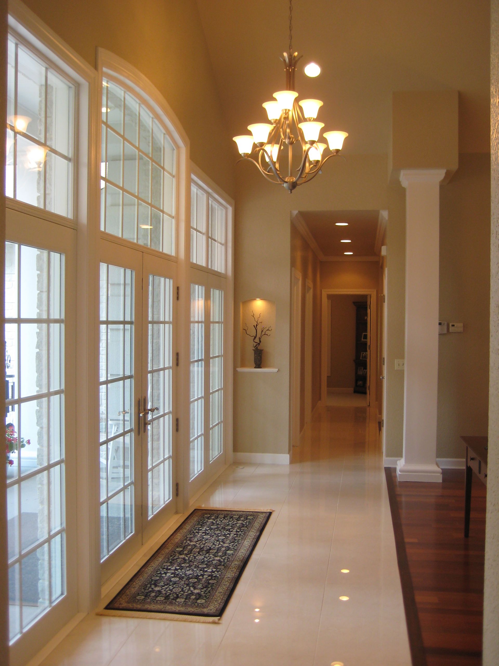 Hallway with chandelier