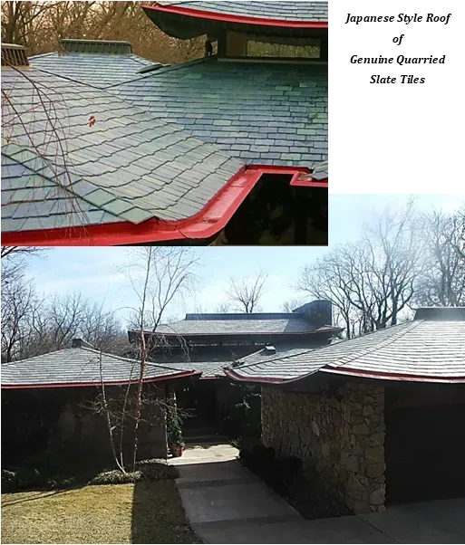 A collage showing a house with a Japanese-style roof made of grey quarried slate tiles and bright red metal flashing.