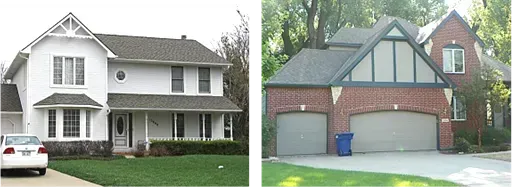 Two houses side-by-side: a white two-story home with a bay window and a brick home featuring a two-car garage.