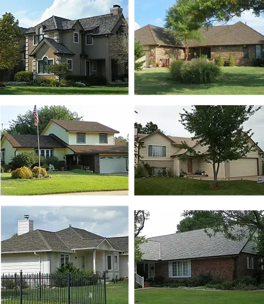A grid showing six different suburban houses, featuring varying architectural styles, roof designs, and exterior materials.