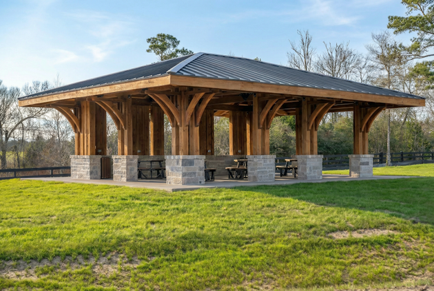 Wooden pavilion with stone columns in a grassy park under a dark shingled roof
