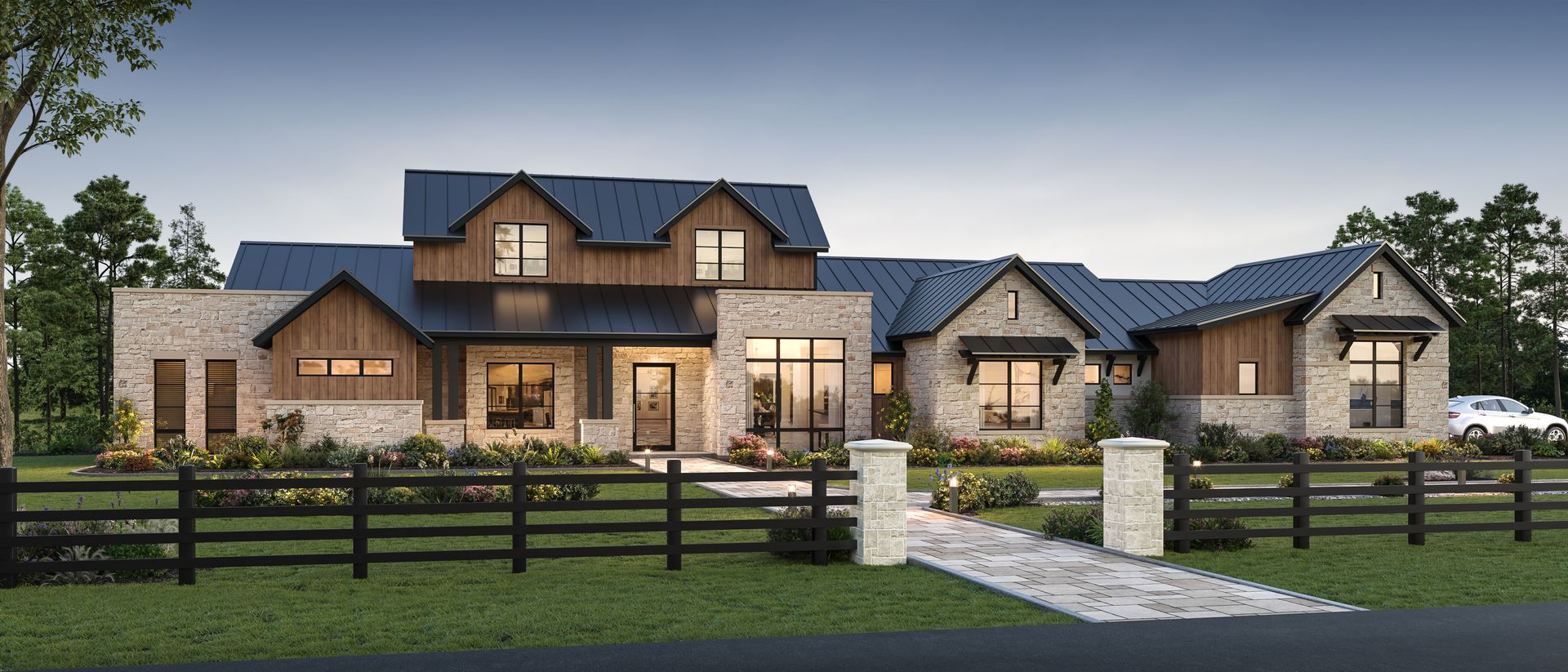Luxurious stone-and-wood house with a fenced front yard at dusk