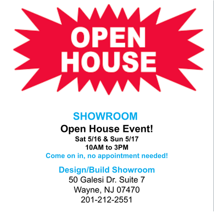 Red OPEN HOUSE banner with showroom event details, date, time, address, and phone number