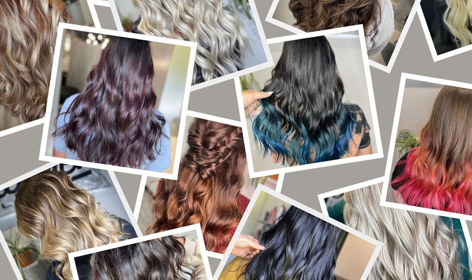 A collage of pictures of different types of hair coloring services.