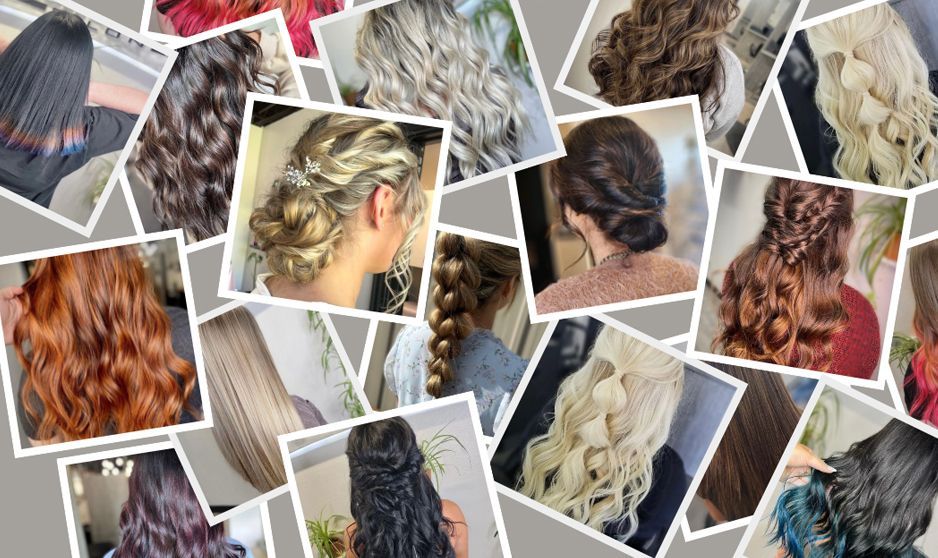 A collage of pictures of different types of hair styling services.