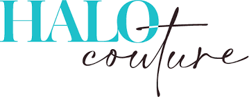the halo couture logo is blue and black and says halo couture .