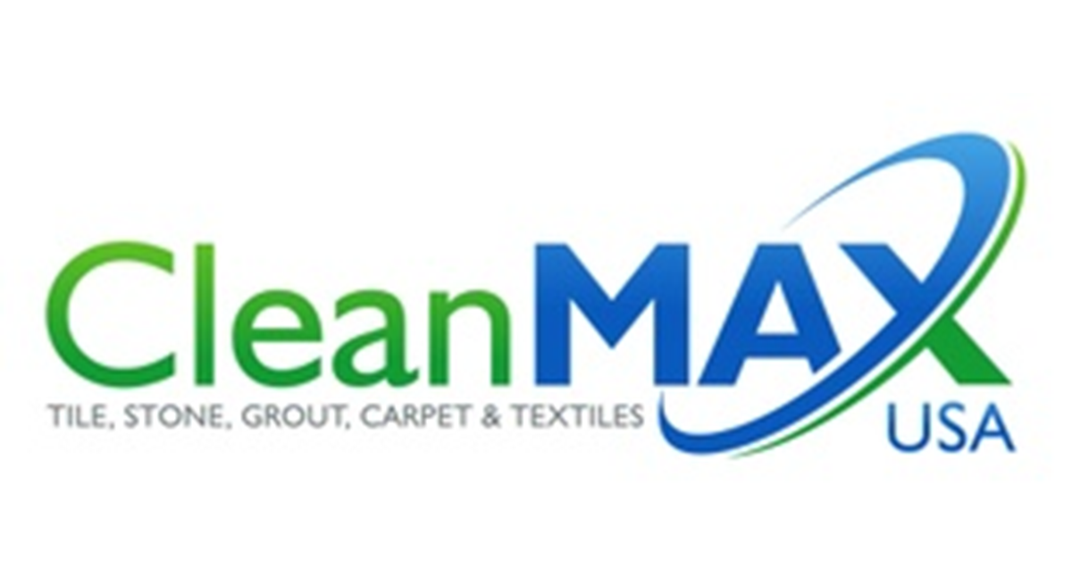 CleanMAX USA logo: Green and blue text with a swoosh, lists cleaning services.