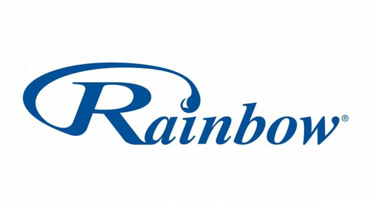 Rainbow logo in blue, with the word 
