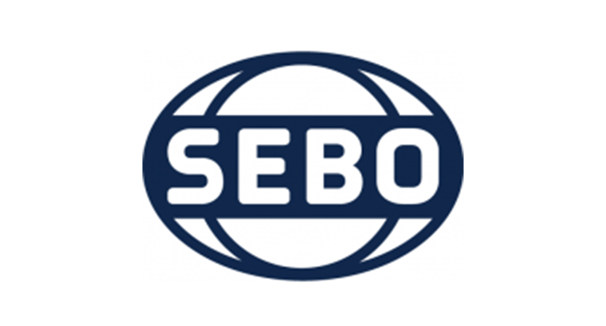 SEBO logo in navy blue, text inside an oval with globe-like lines.