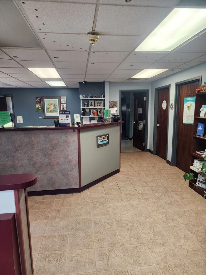 Veterinary clinic waiting area with reception desk, open doorways, and a bookshelf.