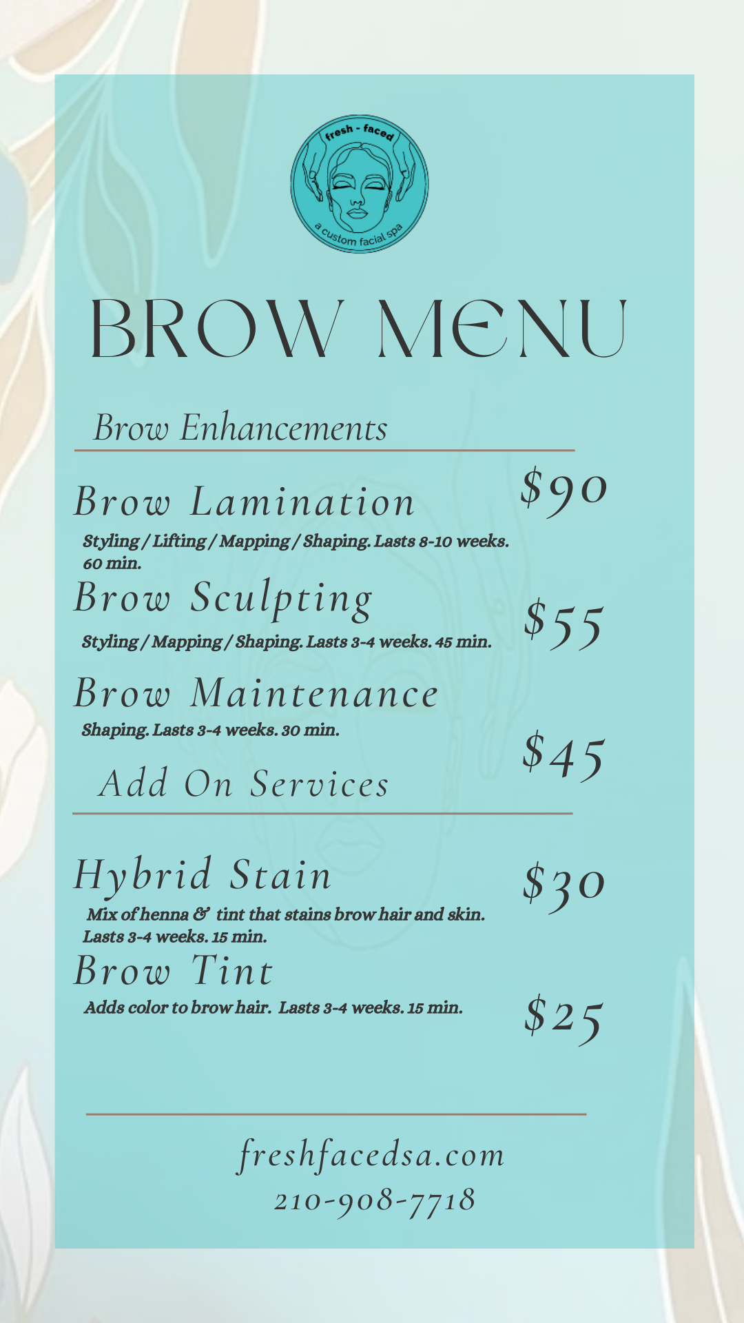 Brow menu with service prices, logo, and contact info on a teal background. 