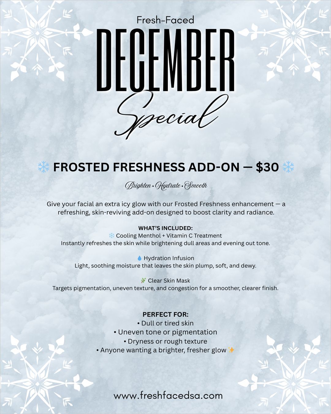 December special flyer, light blue background with snowflakes. Text promoting