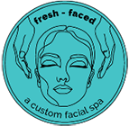 Turquoise logo: Line art of a face with hands above, text reads "fresh-faced" and "a custom facial spa".