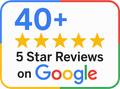 40+ 5-star reviews on Google with five gold stars and blue, red, yellow, and green text