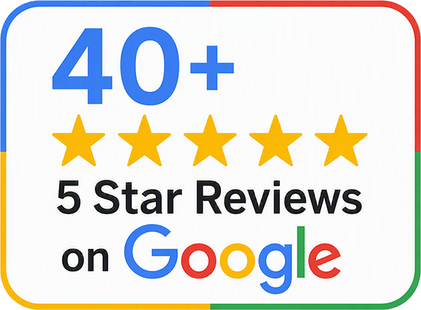 40+ 5-star reviews on Google with five gold stars and blue, red, yellow, and green text