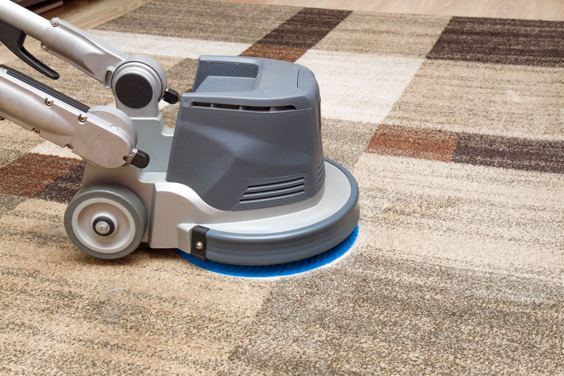 A machine is being used to clean a rug on the floor