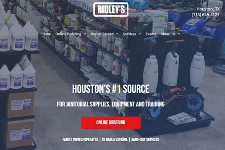 Ridley's Janitorial Supplies store interior. Products and equipment displayed, with a call to action 