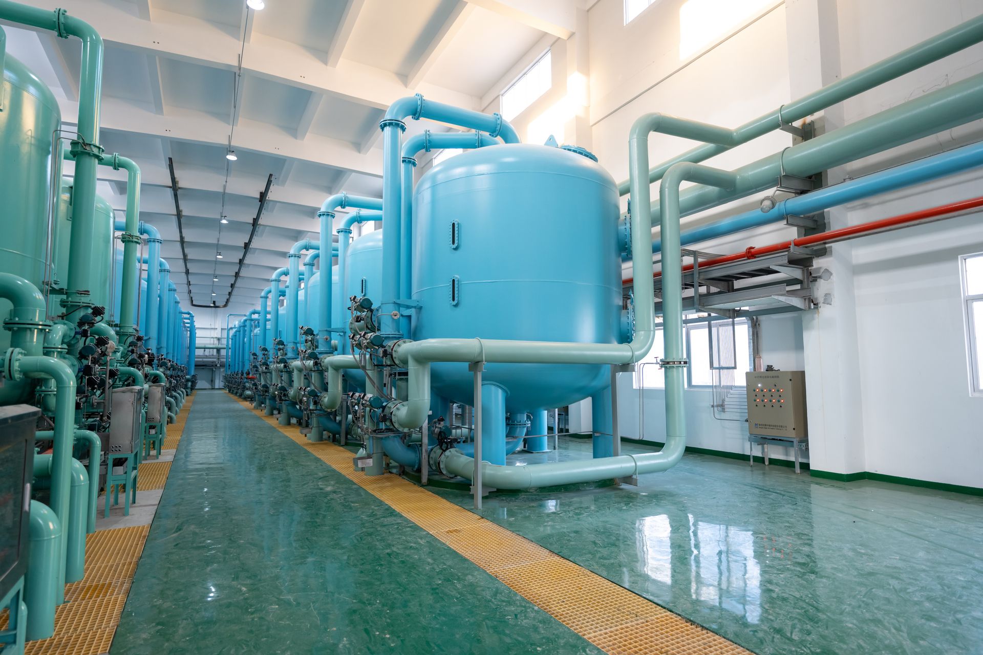 Aqua industrial water treatment tanks and pipes inside a bright industrial building.