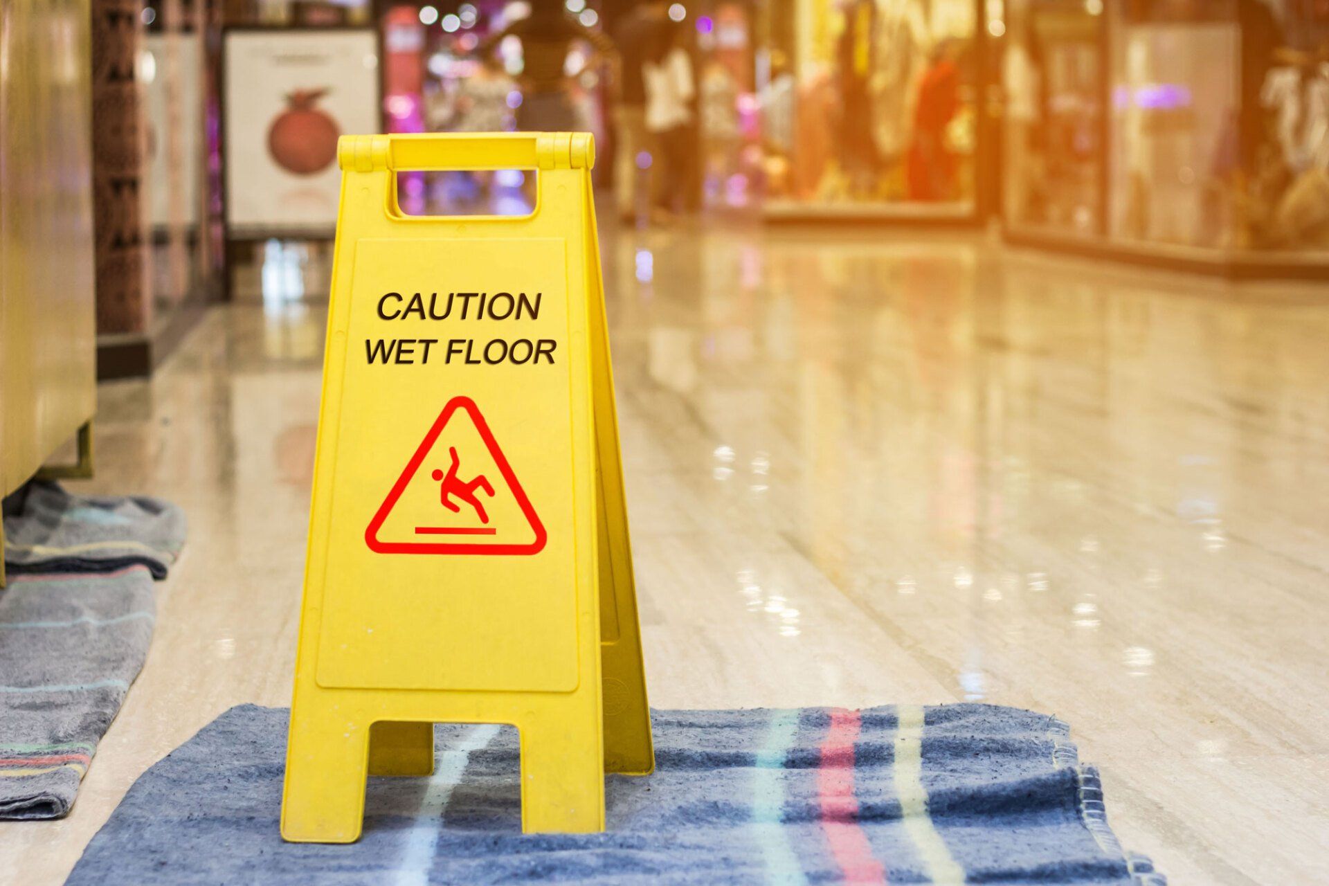 A yellow caution wet floor sign is sitting on top of a blue towel.