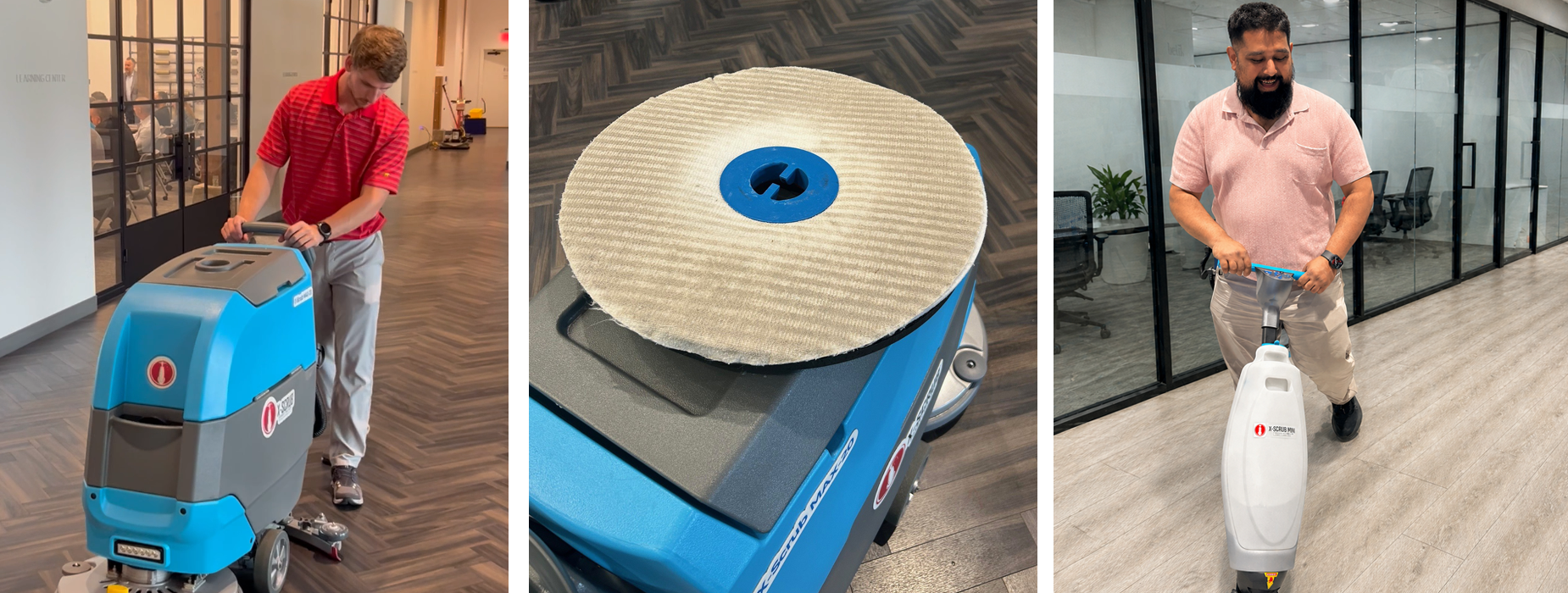 Person using a blue floor-cleaning machine in a hallway, with a large beige brush attachment shown close-up.