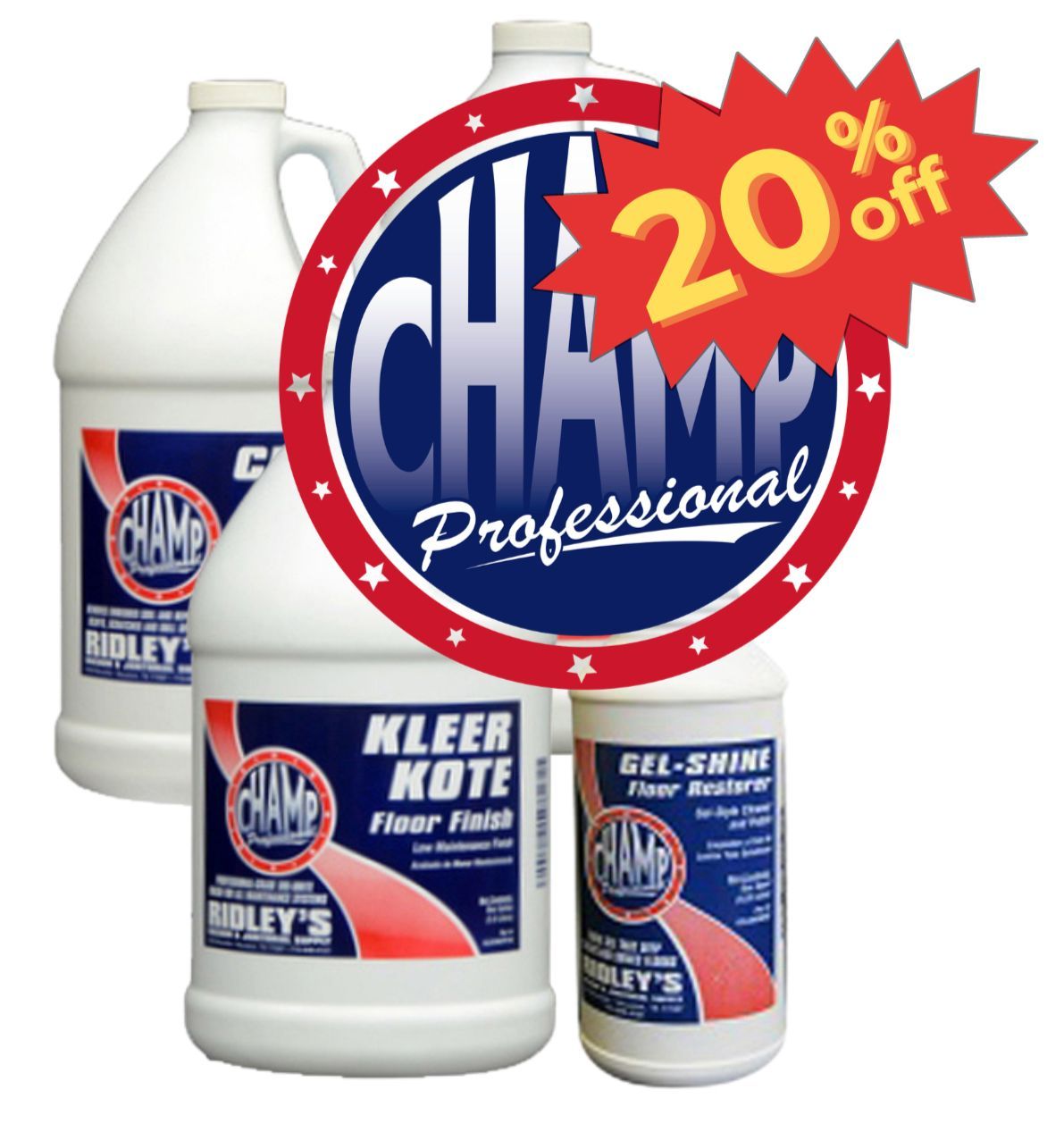 Champ Professional cleaning products with 20% off red sale badge